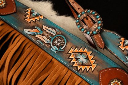 Hand Painted Dream Catcher Browband Headstall Reins Breast Collar 3 Piece Set – Horse Size – Medium Oil Leather - Fringes