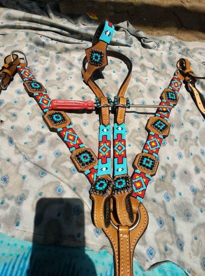 Headstall + Reins + Matching Breast Collar Set - Beaded Tack Set - Light Tan Oil Leather