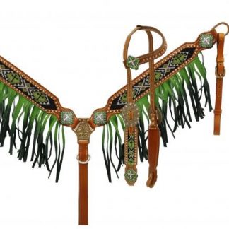 Ombre Fringe Headstall and Breast Collar Set with Beaded Cross Inlay - LIME