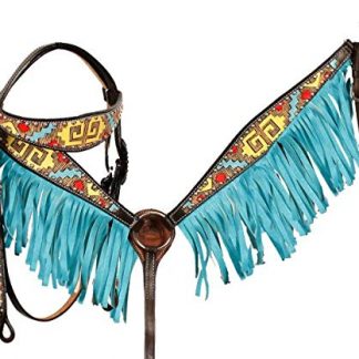 Hand Painted browband headstall and breast collar set with tribal design. This set features dark brown leather with painted tribal set in yellow, red, and turquoise on headstall and breastcollar. Set is accented with orange and clear crystal rhinestones and breast collar with turquoise synthetic fringe.