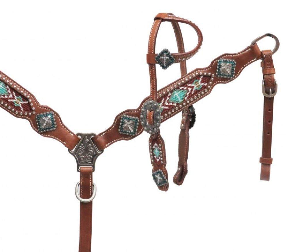 Showman leather headstall and breast collar set with black color inlay New tack