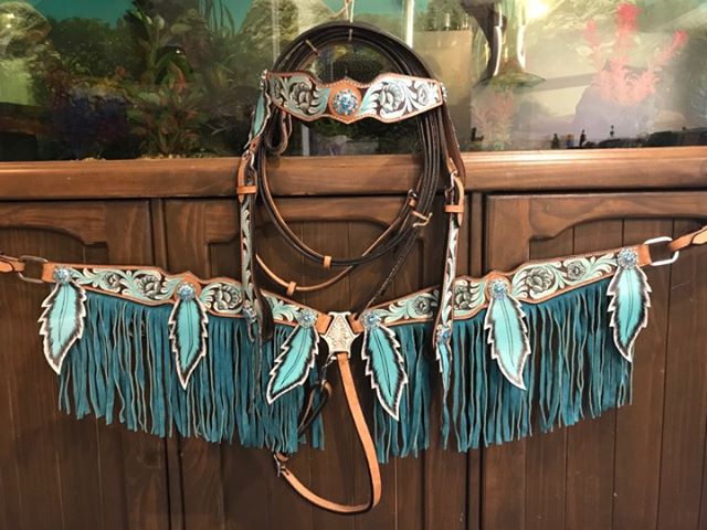 Showman Pink Fringe Headstall Breastcollar Hand Painted Tooling Crystal Stones 