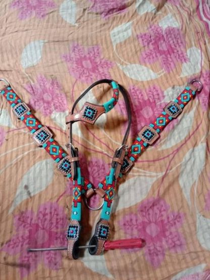 Single One Ear Teal Red Crystals Beaded Square Conchos Light Tan Headstall And Breast Collar Set-1