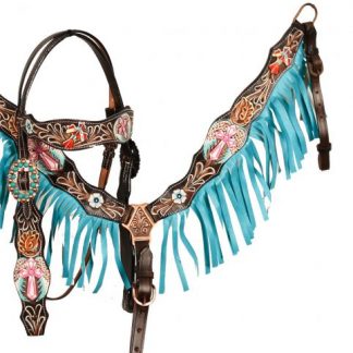 Hand Painted Cross Browband Headstall Reins Breast Collar 3 Piece Set – Horse Size – Dark Oil Leather - Turquoise Fringes