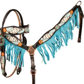 Hair on Cowhide Inlays Painted Orange Flowers Browband Headstall Reins Breast Collar 3 Piece Set – Horse Size – Dark Oil Leather - Turquoise Fringes