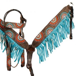 Hand Painted Mandala Browband Headstall Reins Breast Collar 3 Piece Set – Horse Size – Dark Leather - Turquoise Fringes