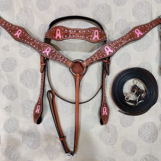 Pink Rhinestones Breast Cancer Conchos Bridle, Breast Collar, 7' foot Long Split Reins Set - Horse Size-1