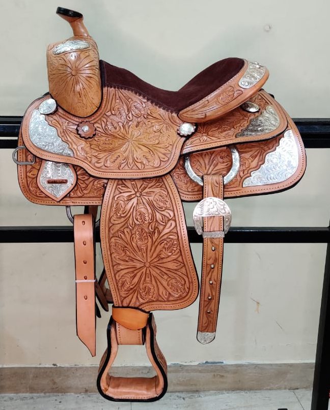 15" Youth Western Show Fully Tooled Silver Saddle FQHB Pink/Black Suede Seats 