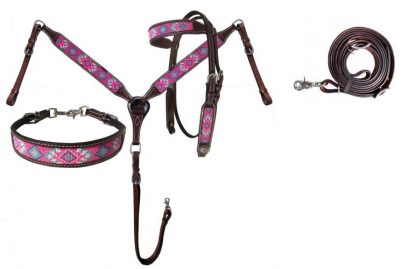 Pink, teal, and purple navajo beaded inlay Headstall Breast Collar Reins 3 Piece Set-4