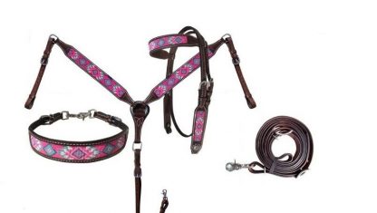Pink, teal, and purple navajo beaded inlay Headstall Breast Collar Reins 3 Piece Set-6