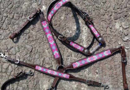 Pink, teal, and purple navajo beaded inlay Headstall Breast Collar Reins 3 Piece Set-3