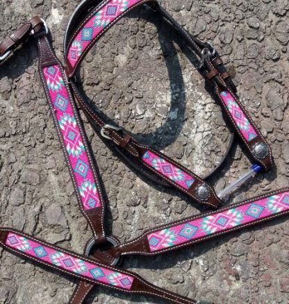 Pink, teal, and purple navajo beaded inlay Headstall Breast Collar Reins 3 Piece Set-2