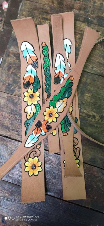 Sunflower + Cactus Western Bridle 3 Piece Set Headstall, Breast Collar, Reins Medium Tan Oil Leather New Horse Tack - Image 9