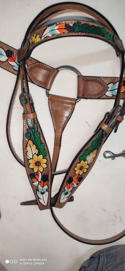 Sunflower + Cactus Western Bridle 3 Piece Set Headstall, Breast Collar, Reins Medium Tan Oil Leather New Horse Tack - Image 16