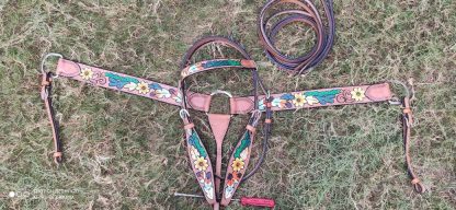 Sunflower + Cactus Western Bridle 3 Piece Set Headstall, Breast Collar, Reins Medium Tan Oil Leather New Horse Tack - Image 17