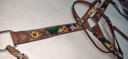 Sunflower + Cactus Western Bridle 3 Piece Set Headstall, Breast Collar, Reins Medium Tan Oil Leather New Horse Tack - Image 12