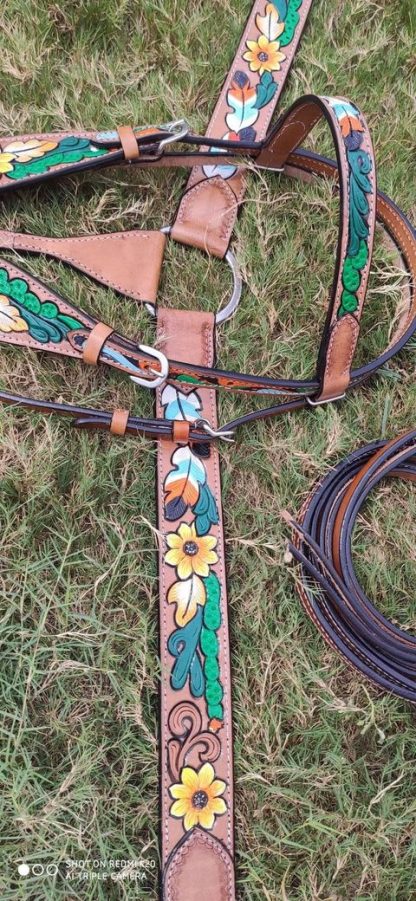 Sunflower + Cactus Western Bridle 3 Piece Set Headstall, Breast Collar, Reins Medium Tan Oil Leather New Horse Tack - Image 19
