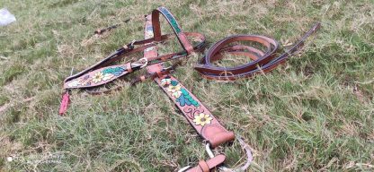 Sunflower + Cactus Western Bridle 3 Piece Set Headstall, Breast Collar, Reins Medium Tan Oil Leather New Horse Tack - Image 20