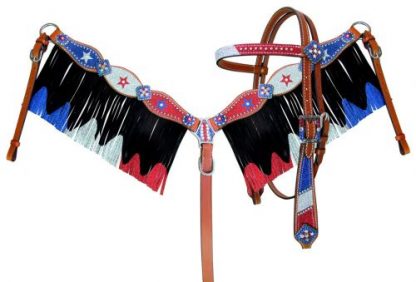 Red, Silver, and Blue Glitter Western Bridle 3 Piece Set