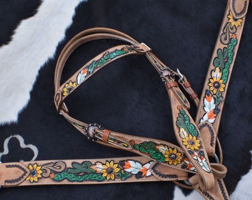 Western Saddle Horse Leather Tack Set w/ Sunflower Design Bridle Breast Collar 