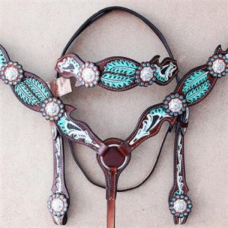 Turquoise Painted Feathers Western Bridle 3 Piece Set
