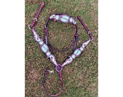 Turquoise Painted Feathers Western Bridle 3 Piece Set_4