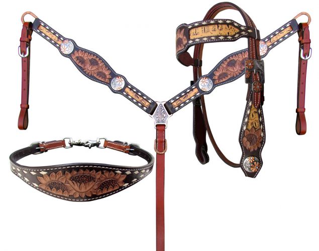 Pretty Tooled Leather One Single Ear Western Bridle Headstall Teal Buck Stitched 