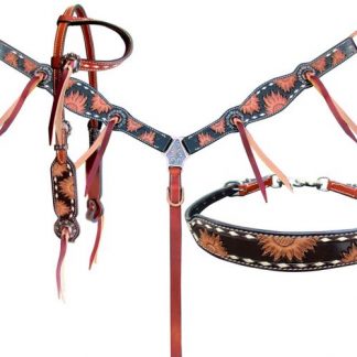 4 Piece Set Engraved Sunflower Leather Single Ear headstall and breastcollar set-1
