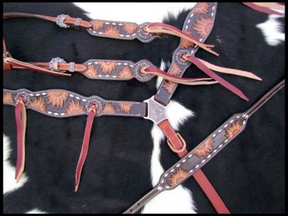 4 Piece Set Engraved Sunflower Leather Single Ear headstall and breastcollar set-2