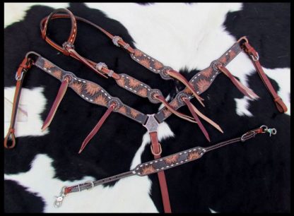 4 Piece Set Engraved Sunflower Leather Single Ear headstall and breastcollar set-3