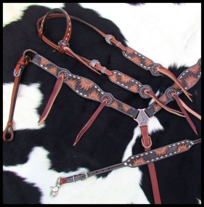 4 Piece Set Engraved Sunflower Leather Single Ear headstall and breastcollar set-4