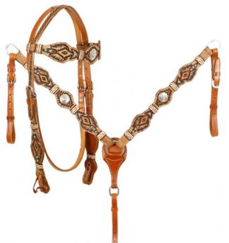 Rawhide Braided Browband Turquoise Stones Headstall and Breastcollar Reins Set