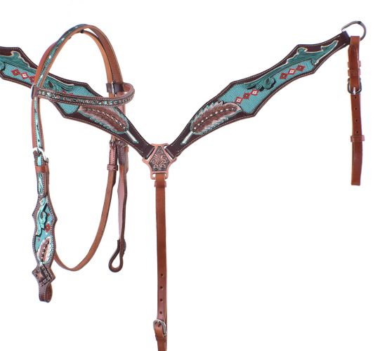 Horse Tack 1 Ear Bridle Western Leather Headstall Turquoise 80186HA 