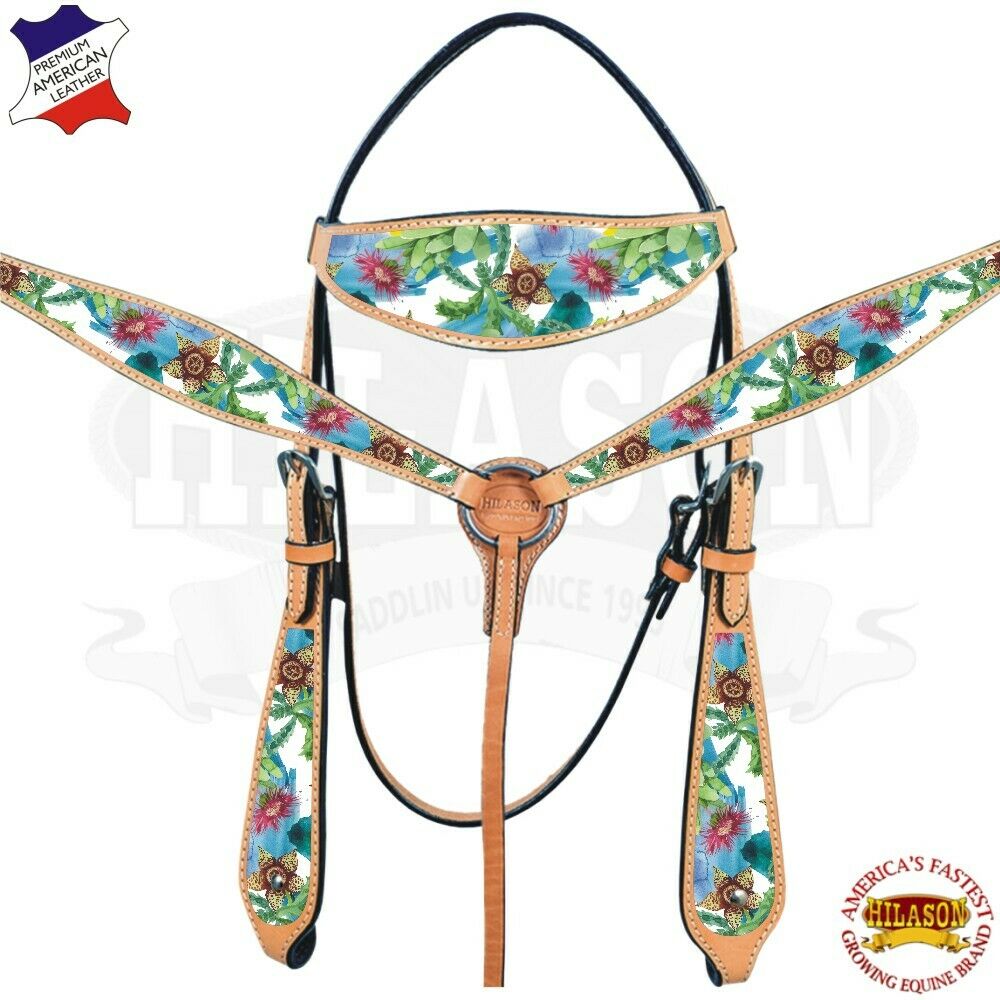 C--SET Western Horse Headstall Breast Collar Set Tack American Leather Turquoise