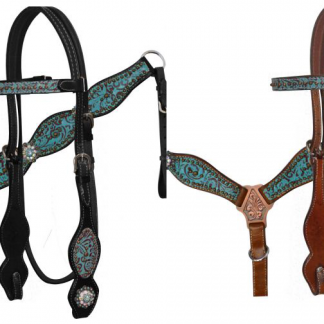 Showman One Ear Leather HEADSTALL & REINS TEAL Filigree with Engraved Conchos 