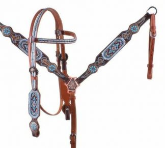 Light Blue Beaded Hand Painted Feather Western Leather Bridle Browband Headstall, Breast Collar, Reins 3 Piece Set