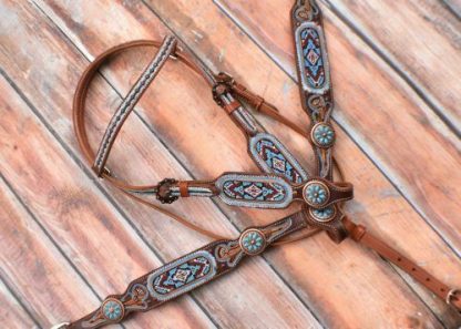 Light Blue Beaded Hand Painted Feather Western Leather Bridle Browband Headstall, Breast Collar, Reins 3 Piece Set - 1