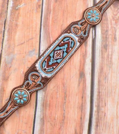 Light Blue Beaded Hand Painted Feather Western Leather Bridle Browband Headstall, Breast Collar, Reins 3 Piece Set - 3