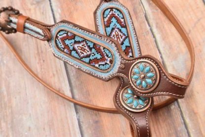 Light Blue Beaded Hand Painted Feather Western Leather Bridle Browband Headstall, Breast Collar, Reins 3 Piece Set - 2
