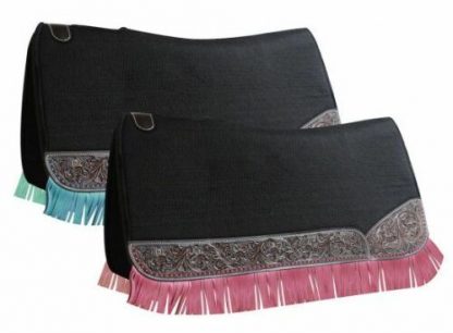 Showman SADDLE PAD 32" x 31" x 1" BLACK FELT with Tooled Wear Leathers & FRINGE