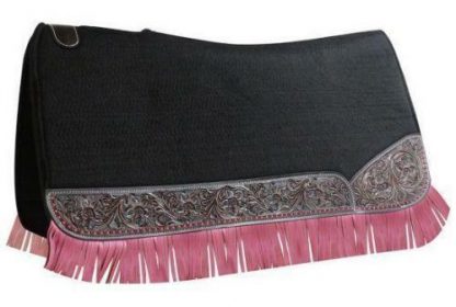 Showman SADDLE PAD 32" x 31" x 1" BLACK FELT with Tooled Wear Leathers & FRINGE