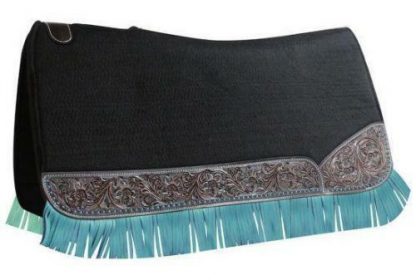 Showman SADDLE PAD 32" x 31" x 1" BLACK FELT with Tooled Wear Leathers & FRINGE