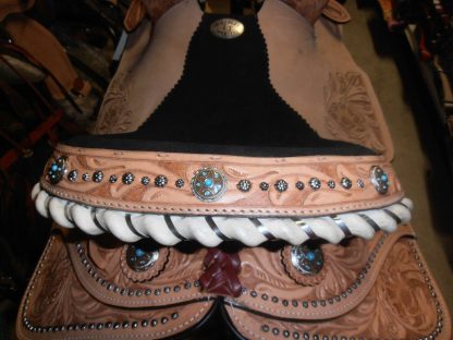14" Double T Barrel Racing Racer TURQUOISE STONES Embossed Seat Leather Saddle