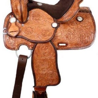 13" Double T Youth Fully Tooled Horse Leather Saddle W/ Flex Tree Suede Seat