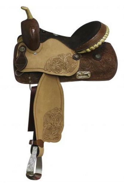 16" inch DOUBLE T BARREL STYLE SADDLE w/ leather seat rawhide cantle stirrups