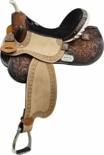 Double T BARREL SADDLE Black Suede Seat Floral Tooled with BARREL RACER Conchos