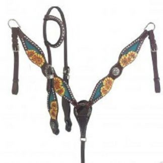 Hand Painted Sunflower Design Teal Inlay One Ear Headstall & Breast Collar NEW