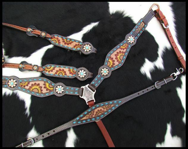 Showman Hand Painted Sunflower Leather Headstall & Breast Collar Set w/Sunflower Conchos