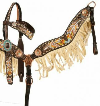 Showman Painted FEATHER Bridle Turquoise Conchos FRINGE Breast Collar Reins SET