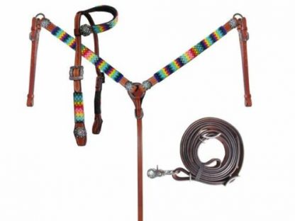 Showman RAINBOW BEADED Bridle Breast Collar Reins Wither Strap 4 piece SET